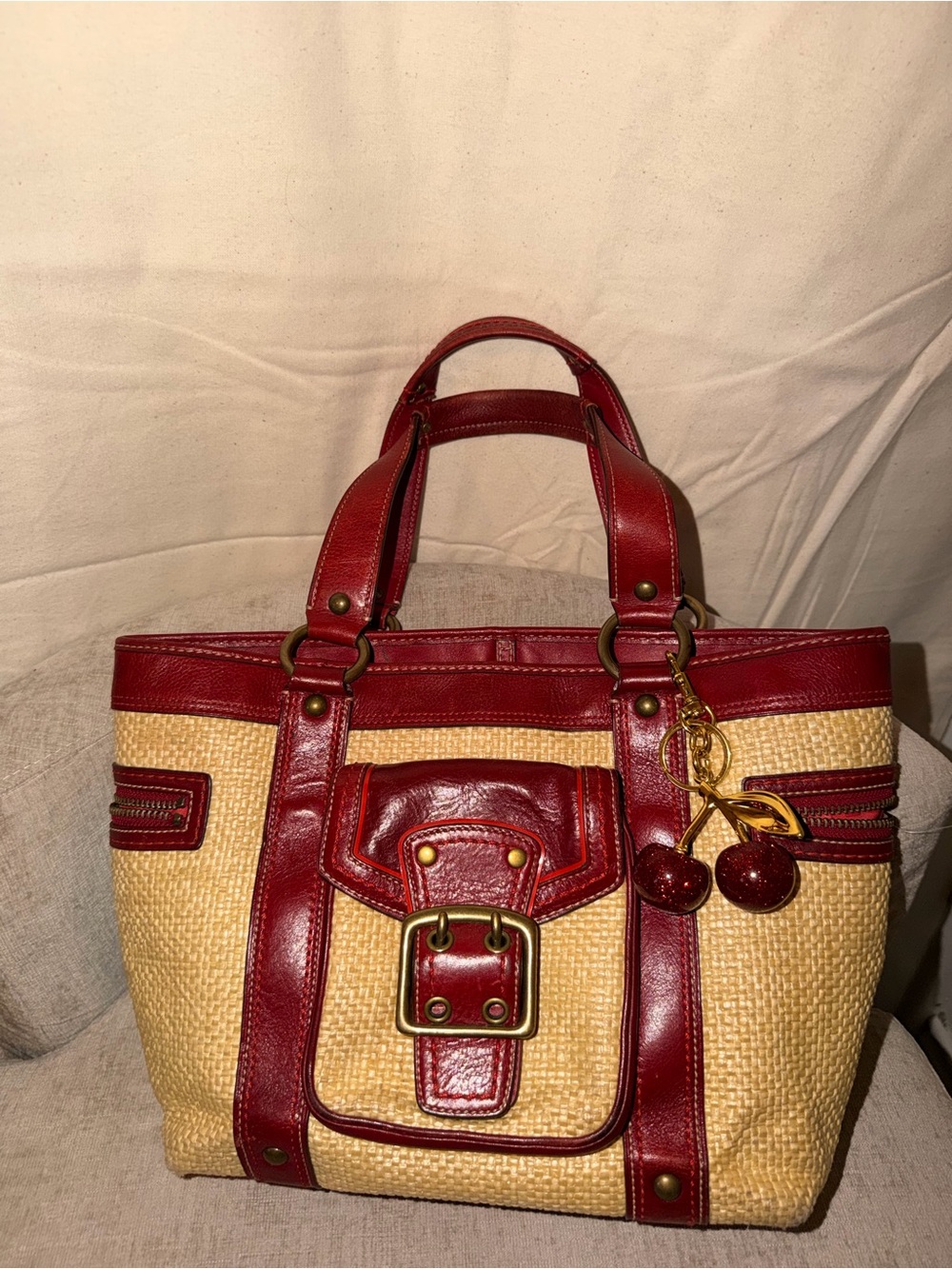 Coach Straw Tote with Red Leather Trim and Cherry Charm